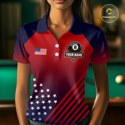 American Flag 8 Ball Pool Billiard Jersey For Women Custom Patriotic Billiard League Team Shirts TDM7224