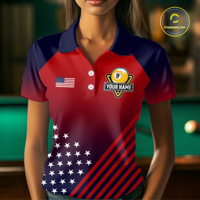 American Flag 9 Ball Pool Billiard Jersey For Women Custom Patriotic Billiard League Team Shirts TDM7225