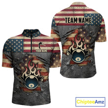 Load image into Gallery viewer, Billiards Vintage US Flag Custom Flame 8 Ball Pool Polo &amp; 1/4 Zip For Men, Billiard Team Jersey TDM6075