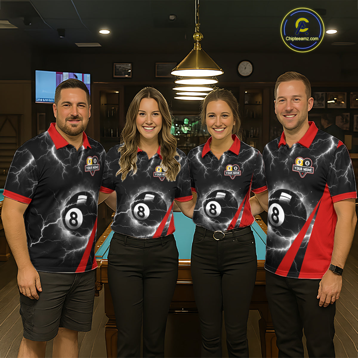 Black And Red 8 Ball 9 Ball Lightning Billiard Shirt For Women Custom Pool Team Jersey Polo, 1/4 Zip TDM6323