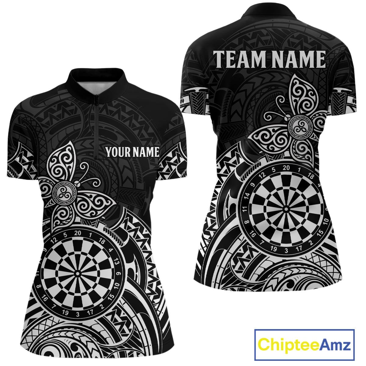Custom White Black Tribal Dartboard Butterfly Darts Shirts For Women, Darts Team Jerseys Outfit TDM3988