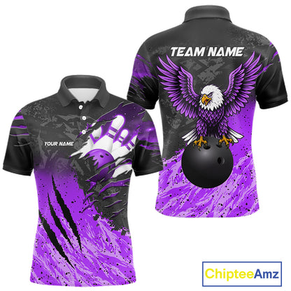 Personalized black and purple eagle bowling team jersey polo shirt for men featuring a majestic eagle design, premium custom bowling league apparel for tournaments, league play and competitive bowling teams.
