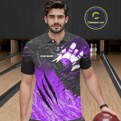 Man wearing personalized black and purple eagle bowling team jersey polo shirt featuring black and purple eagle artwork, front view.