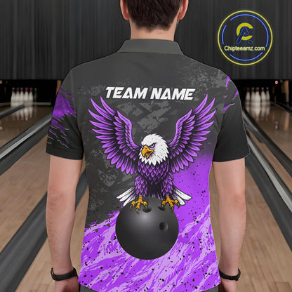Man wearing personalized black and purple eagle bowling team jersey polo shirt featuring black and purple eagle artwork, back view.
