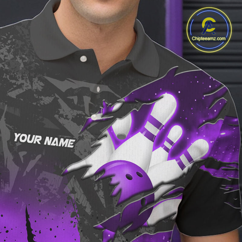 Close-up of the personalized black and purple eagle bowling team jersey polo shirt showing the collar, buttons, premium performance fabric and detailed black and purple eagle graphics.