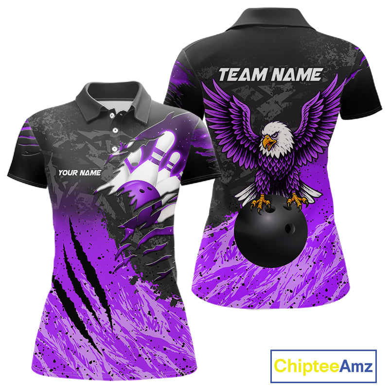 Personalized black and purple eagle bowling team jersey polo shirt for women featuring a majestic eagle design, premium custom bowling league apparel for tournaments, league play and competitive bowling teams.