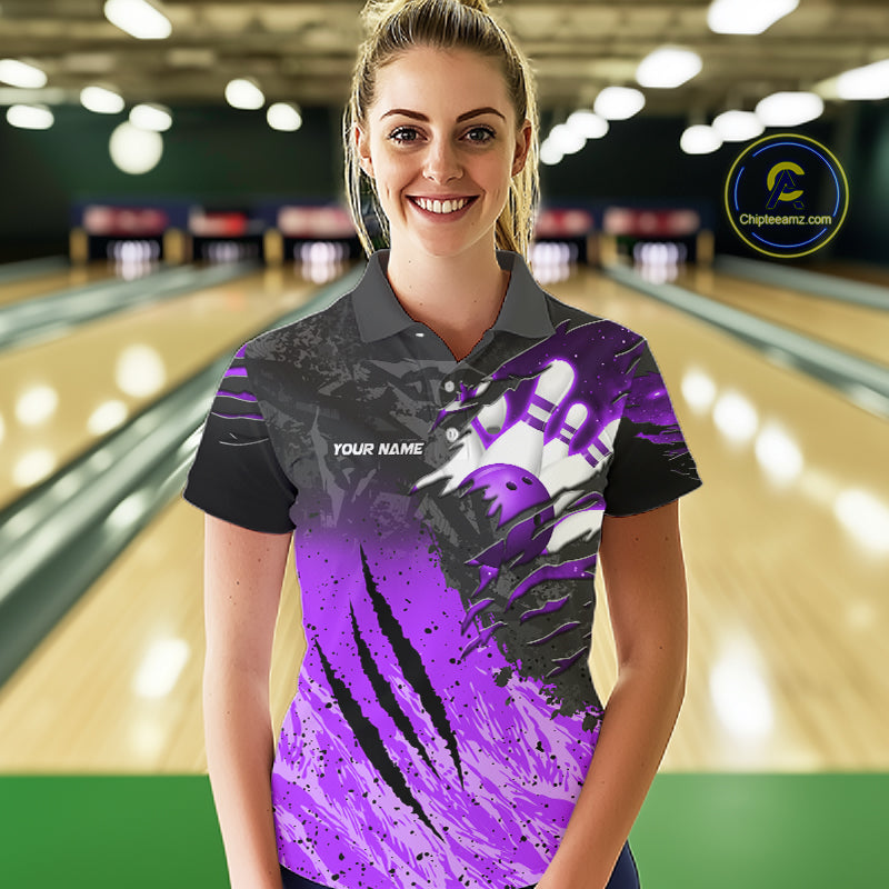 Woman wearing personalized black and purple eagle bowling team jersey polo shirt featuring black and purple eagle artwork, front view.