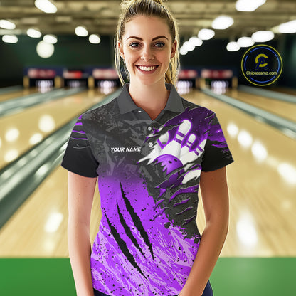 Woman wearing personalized black and purple eagle bowling team jersey polo shirt featuring black and purple eagle artwork, front view.
