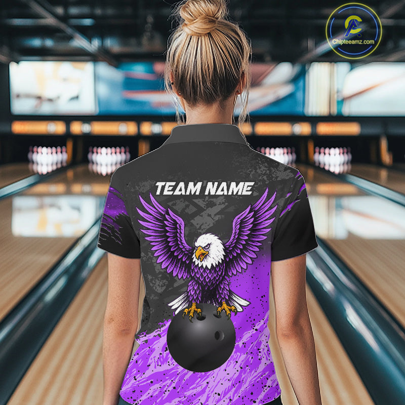 Woman wearing personalized black and purple eagle bowling team jersey quarter zip shirt featuring black and purple eagle artwork, front view.
