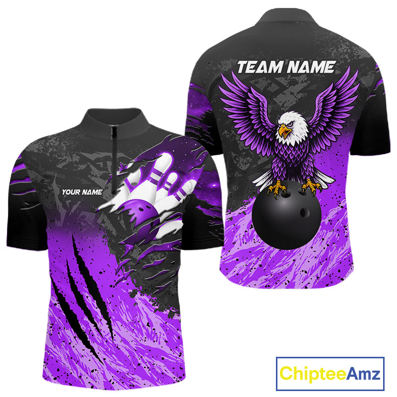 Personalized black and purple eagle bowling team jersey quarter zip shirt for men featuring detailed eagle artwork, premium custom bowling league apparel for league competition and tournament play.