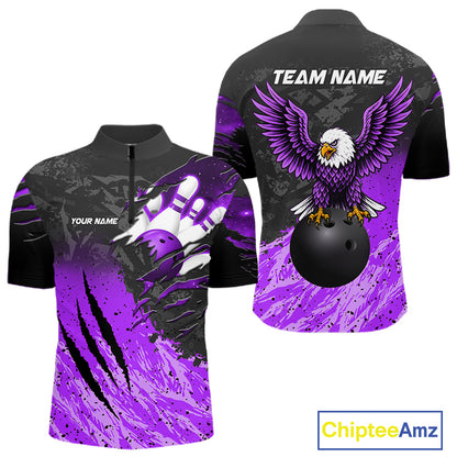 Personalized black and purple eagle bowling team jersey quarter zip shirt for men featuring detailed eagle artwork, premium custom bowling league apparel for league competition and tournament play.
