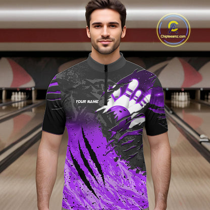 Man wearing personalized black and purple eagle bowling team jersey quarter zip shirt featuring black and purple eagle artwork, front view.