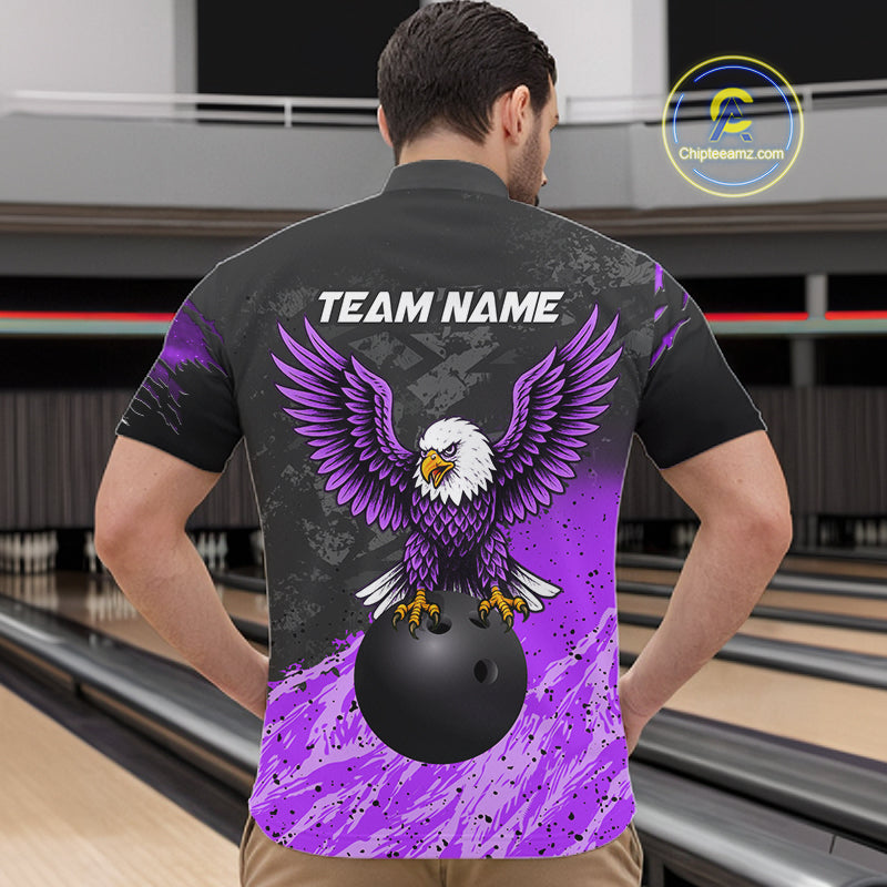 Man wearing personalized black and purple eagle bowling team jersey quarter zip shirt featuring black and purple eagle artwork, back view.