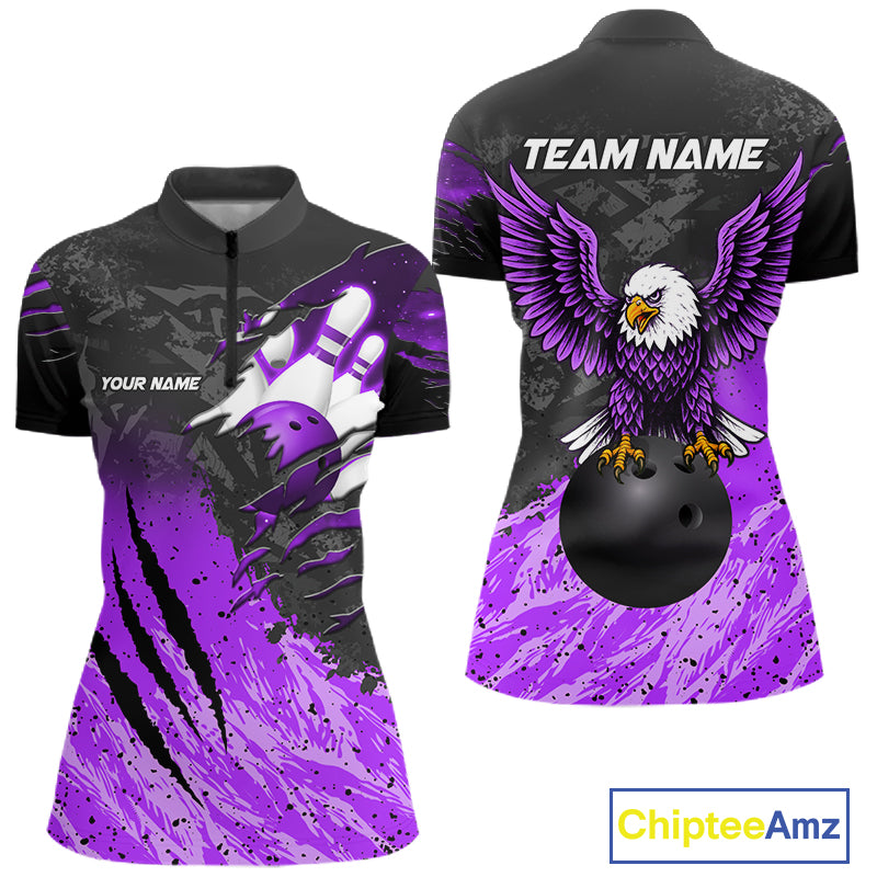 Personalized black and purple eagle bowling team jersey quarter zip shirt for women featuring detailed eagle artwork, premium custom bowling league apparel for tournament and league competition.