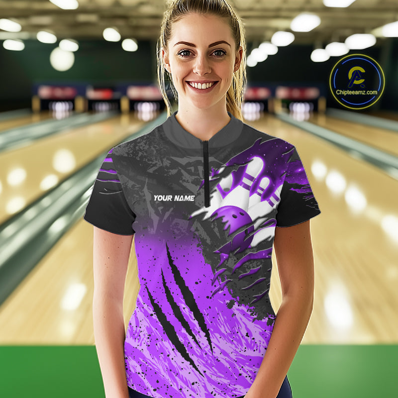 Woman wearing personalized black and purple eagle bowling team jersey polo shirt featuring black and purple eagle artwork, back view.