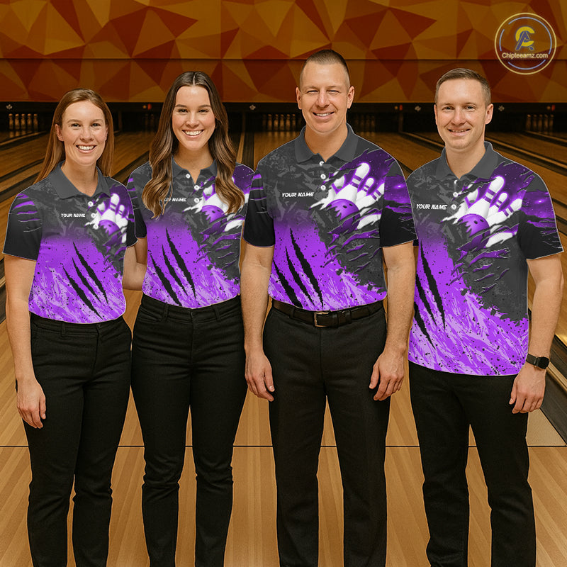 Bowling team wearing matching personalized black and purple eagle bowling team jerseys featuring premium eagle graphics, front view.