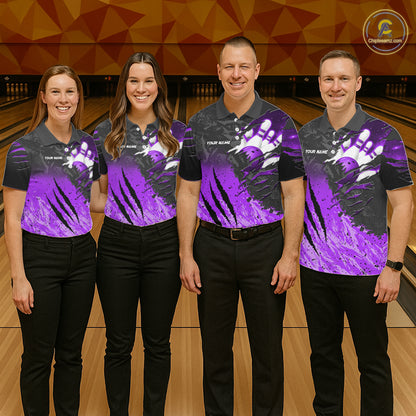 Bowling team wearing matching personalized black and purple eagle bowling team jerseys featuring premium eagle graphics, front view.