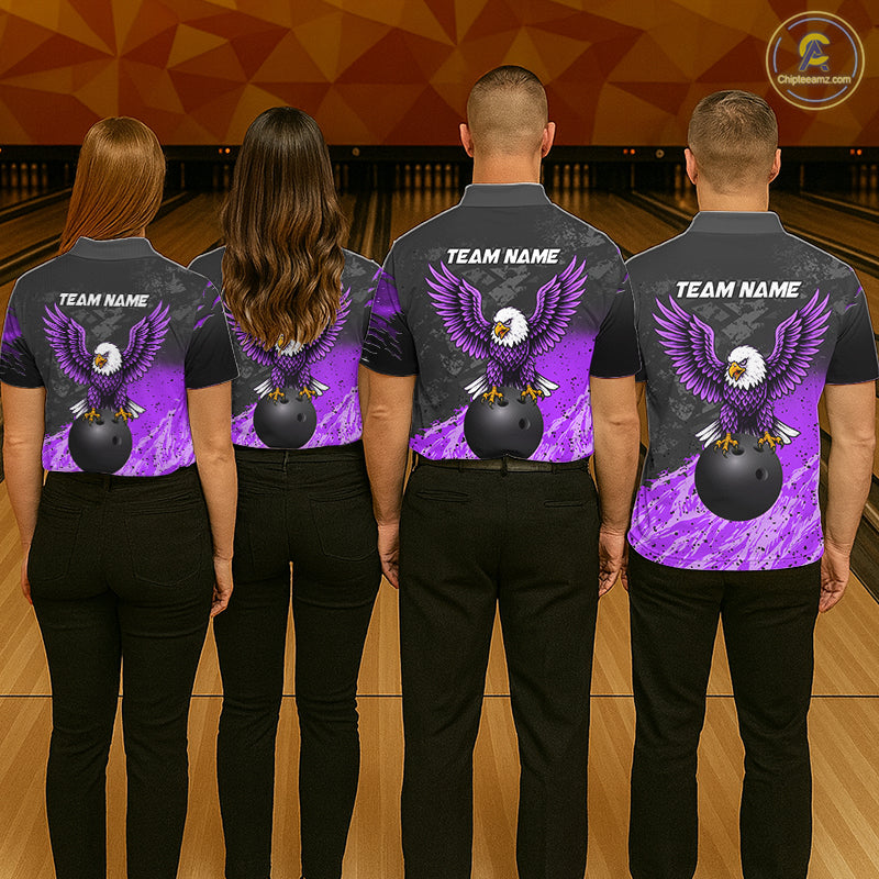 Bowling team wearing matching personalized black and purple eagle bowling team jerseys featuring premium eagle graphics, back view.