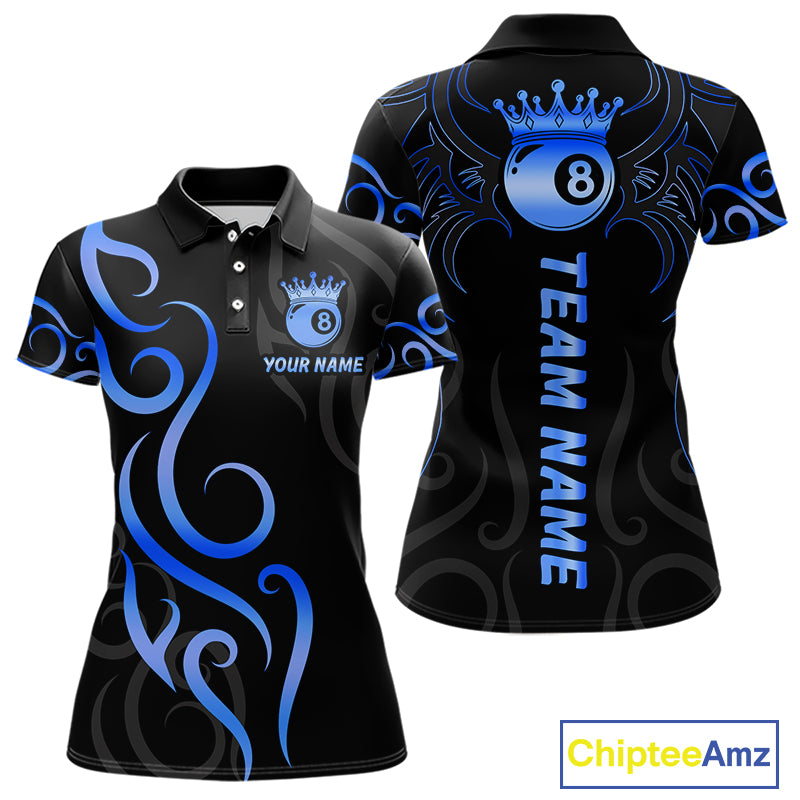 Black And Blue 8 Ball Crown Tribal Billiard Shirt For Women Custom Pool Jersey Billiard Team Shirt TDM7237