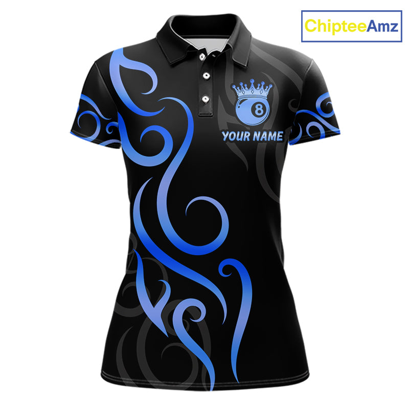 Black And Blue 8 Ball Crown Tribal Billiard Shirt For Women Custom Pool Jersey Billiard Team Shirt TDM7237