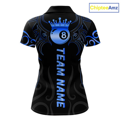 Black And Blue 8 Ball Crown Tribal Billiard Shirt For Women Custom Pool Jersey Billiard Team Shirt TDM7237
