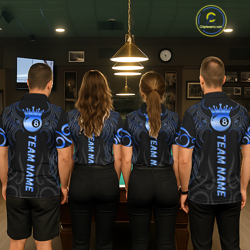 Black And Blue 8 Ball Crown Tribal Billiard Shirt For Women Custom Pool Jersey Billiard Team Shirt TDM7237