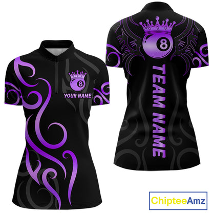 Black And Purple 8 Ball Crown Tribal Billiard Shirt For Women Custom Pool Jersey Billiard Team Shirt TDM7238