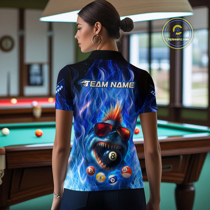 Personalized Blue Funny Shark Flame Women's Billiards Shirts Custom 8 Ball Billiard Team Jersey TDM5214