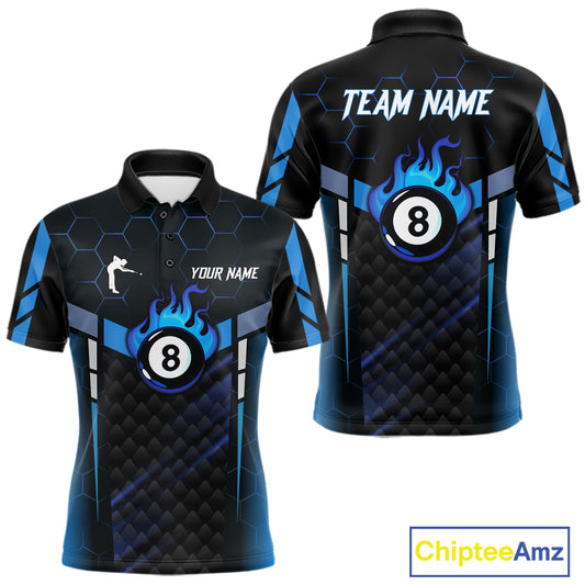 Personalized Blue 8 Ball Flame Billiard Polo & Quarter Zip For Men, 8 Ball Pool Team Jersey TDM5731