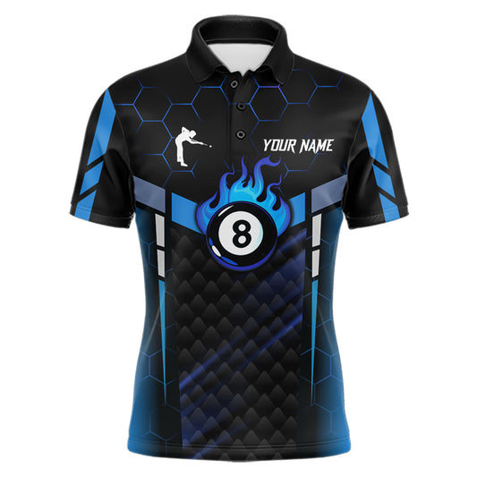 Personalized Blue 8 Ball Flame Billiard Polo & Quarter Zip For Men, 8 Ball Pool Team Jersey TDM5731