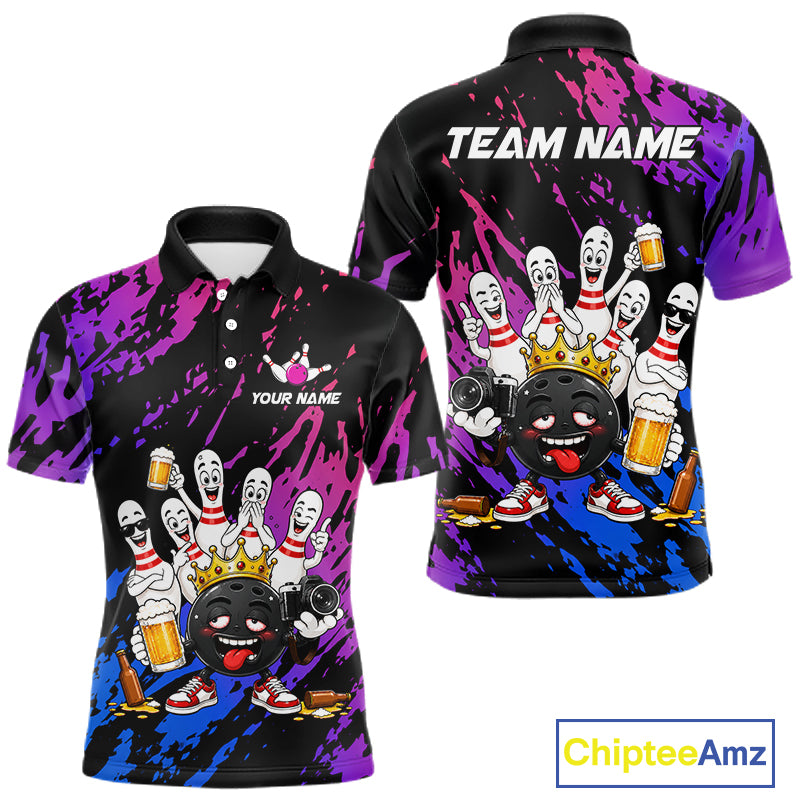 Custom Blue Purple Funny Drunk Bowling Pins Crown Bowling Shirts For Men, Bowling Team Jersey TDM7256