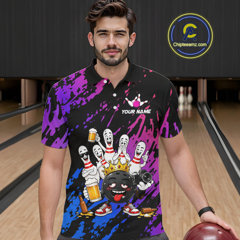 Custom Blue Purple Funny Drunk Bowling Pins Crown Bowling Shirts For Men, Bowling Team Jersey TDM7256