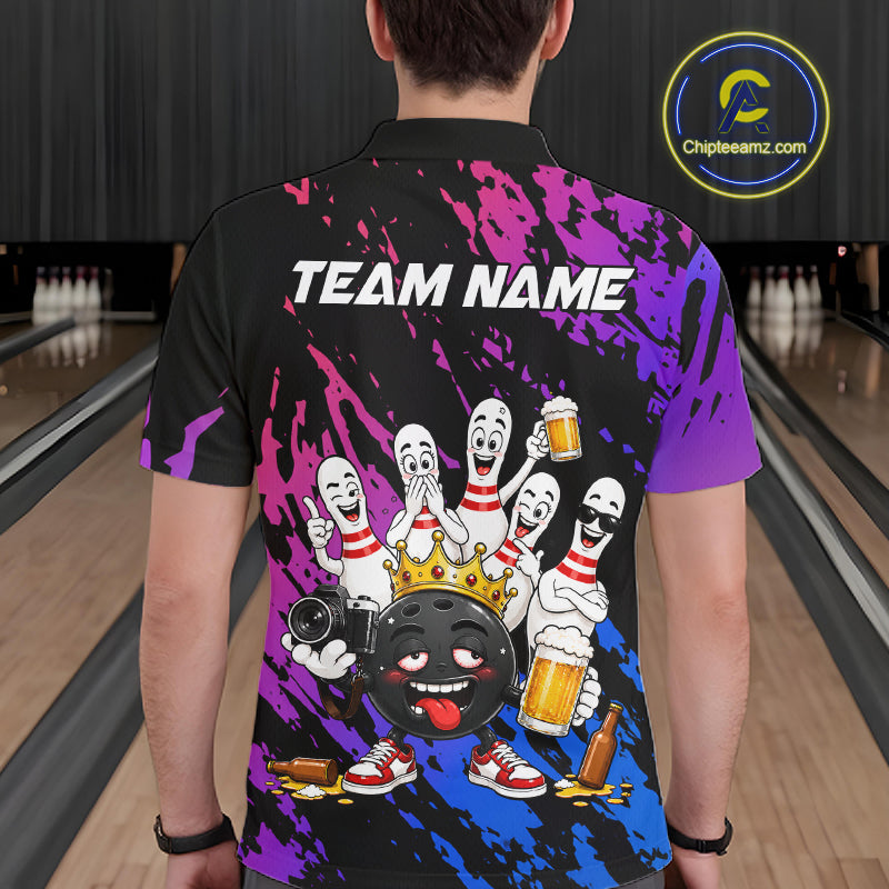 Custom Blue Purple Funny Drunk Bowling Pins Crown Bowling Shirts For Men, Bowling Team Jersey TDM7256