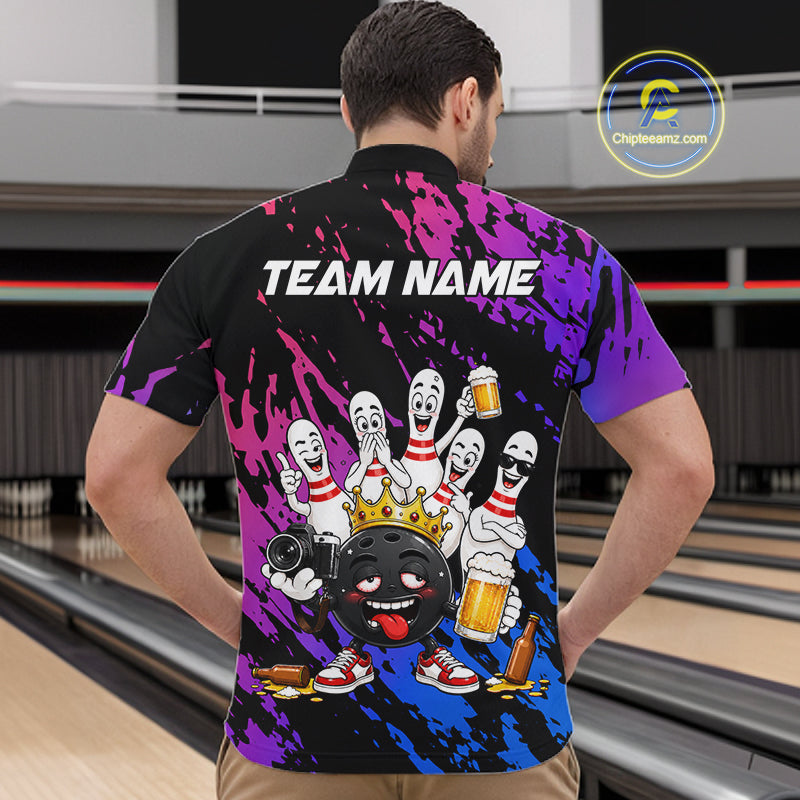 Custom Blue Purple Funny Drunk Bowling Pins Crown Bowling Shirts For Men, Bowling Team Jersey TDM7256