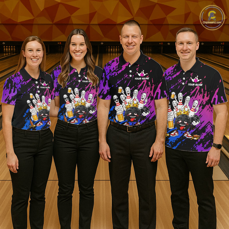 Custom Blue Purple Funny Drunk Bowling Pins Crown Bowling Shirts For Men, Bowling Team Jersey TDM7256