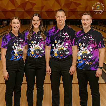 Custom Blue Purple Funny Drunk Bowling Pins Crown Bowling Shirts For Men, Bowling Team Jersey TDM7256