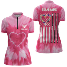 Load image into Gallery viewer, Personalized Pink Tie Dye Heart US Flag Women Billiard Shirts, Billiard Valentines Day Shirt Gifts TDM3430