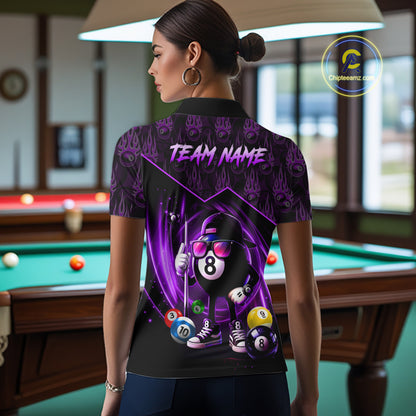 Purple Funny 8 Ball Pool Billiard Shirt For Women Custom Flame Billiard Team Jersey Polo & 1/4 Zip TDM6348