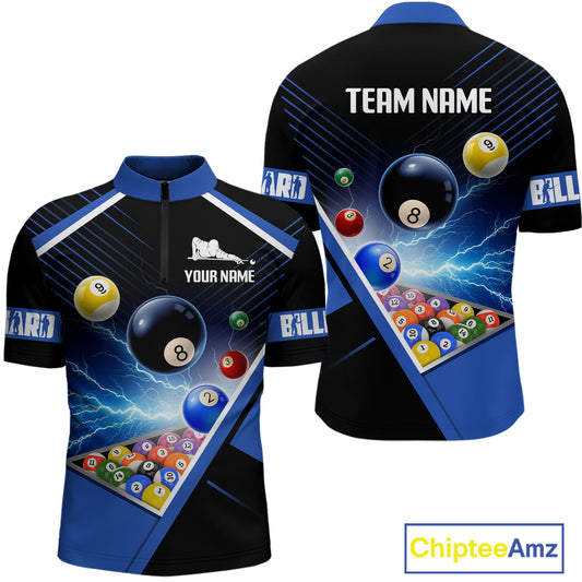 Customized Blue Thunder Lightning Strike Billiard Shirt For Men, Billiard Team Shirt Pool Jerseys TDM4009