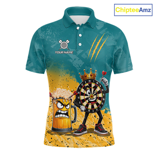Personalized teal and yellow funny crown dartboard beer darts team jersey polo shirt for men featuring a crown dartboard and beer design, premium custom darts league apparel.
