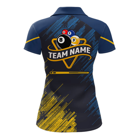 Personalized Blue Yellow 8 Ball & 9 Ball Pool Polo & 1/4 Zip For Women Custom Team Billiard Jersey TDM5745