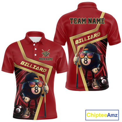 Red Funny 8 Ball Pool Billiard Shirt For Men Custom Gold Billiard Team Jersey Polo & 1/4 Zip TDM6354