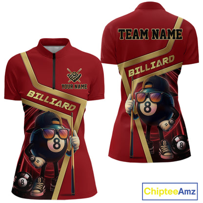 Red Funny 8 Ball Pool Billiard Shirt For Women Custom Gold Billiard Team Jersey Polo & 1/4 Zip TDM6354