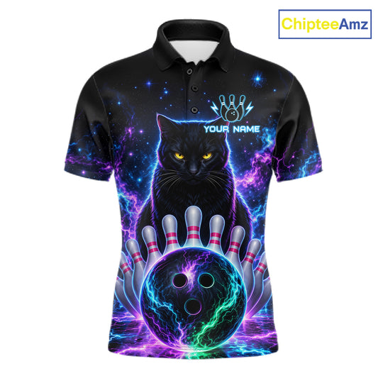 Neon Funny Cat Bowling Jersey Polo & 1/4 Zip For Men Custom Bowling Team Jersey, Bowling Gifts TDM6359