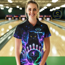 Load image into Gallery viewer, Neon Funny Cat Bowling Jersey Polo &amp; 1/4 Zip For Women Custom Bowling Team Jersey, Bowling Gifts TDM6359
