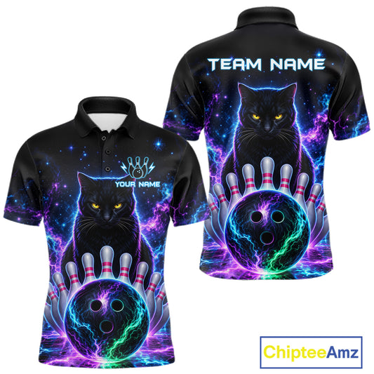 Neon Funny Cat Bowling Jersey Polo & 1/4 Zip For Men Custom Bowling Team Jersey, Bowling Gifts TDM6359