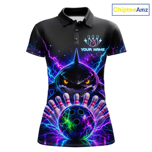 Neon Funny Shark Bowling Jersey Polo & 1/4 Zip For Women Custom Bowling Team Jersey, Bowling Uniform TDM6360