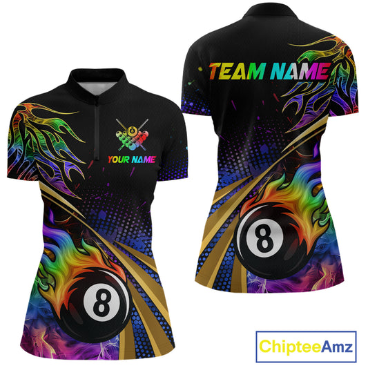 Personalized Colorful Flame 8 Ball Billiard Shirt For Women Custom Pool Team Jerseys Polo & 1/4 Zip TDM4214