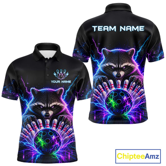 Neon raccoon bowling polo shirt for men with custom bowling team graphics.