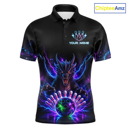 Neon dragon bowling polo shirt for men with custom bowling team graphics.